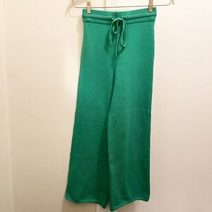 Leset Green Knit Pants XS Wide Leg Cotton Polyamide Italian Yarn Drawstring